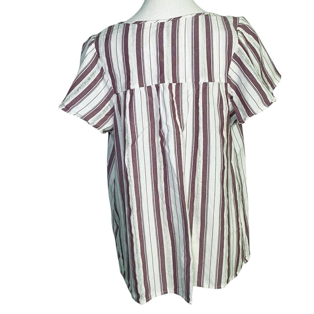 New Directions Burgandy & White Striped Short Sleeve Top - Picture 2 of 12